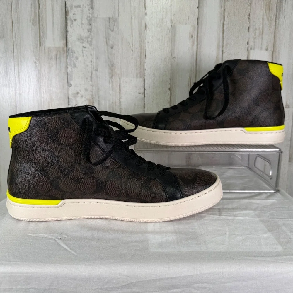 Coach Sneaker Mens 10.5 Brown Signature Monogram High Top CL481 Neon Accents